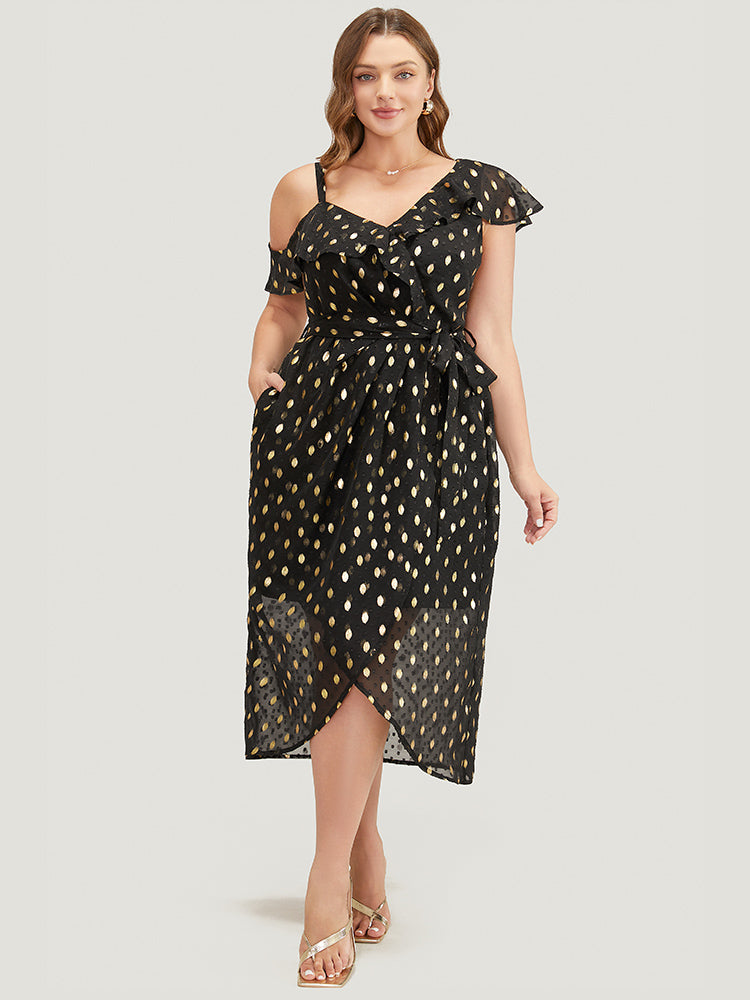 

Plus Size Women Going out Polka Dot Belted Ruffle Sleeve Cap Sleeve Asymmetrical Neck Pocket Belt Party Dresses BloomChic, Black