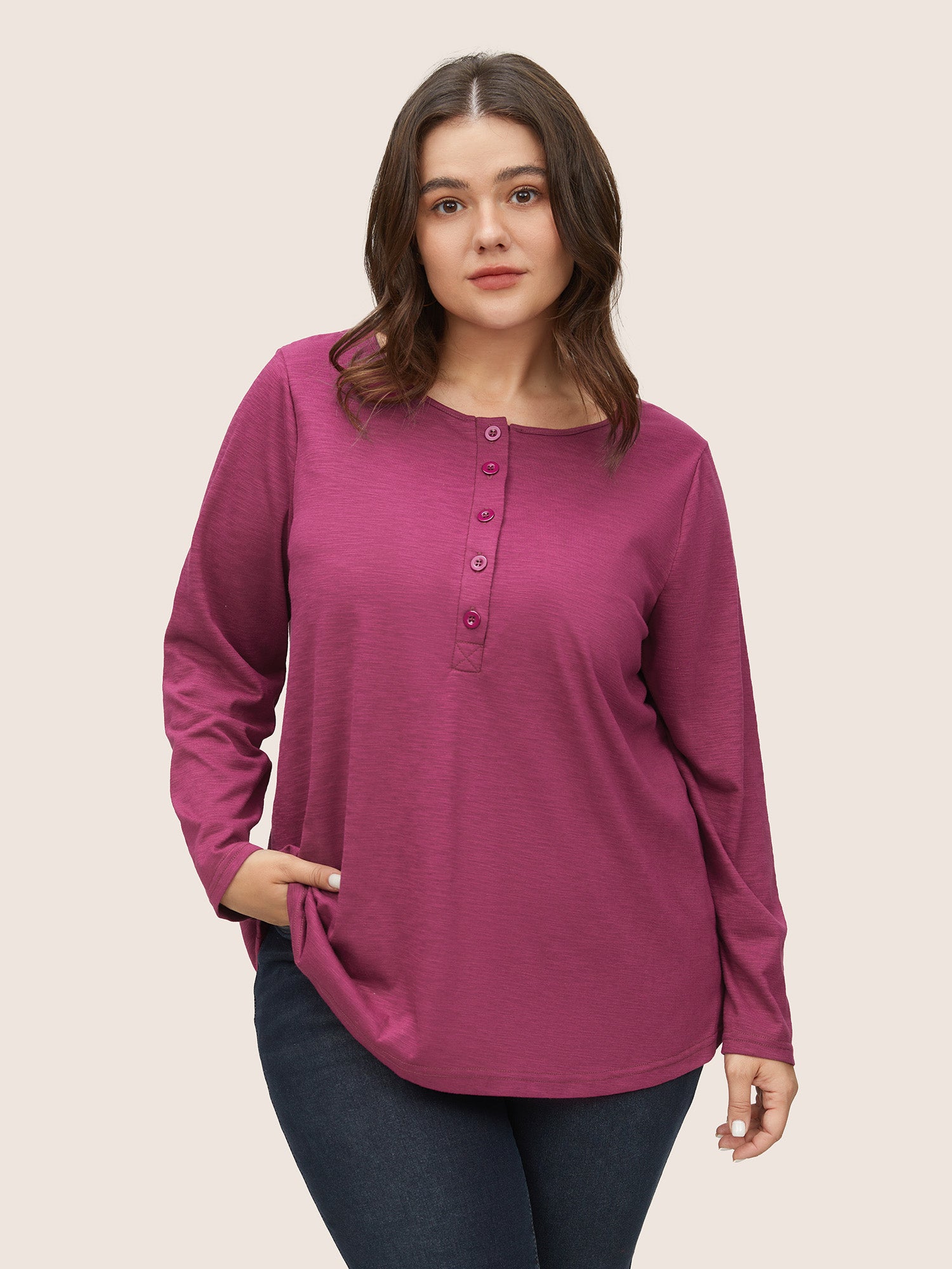 

Plus Size Women Everyday Plain Plain Regular Sleeve Long Sleeve Open Front Casual T-shirts BloomChic, Red-violet