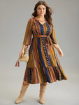Cotton Striped Colorblock Belted Notched Dress