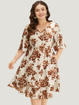 Pocketed Floral Print Dress With Ruffles