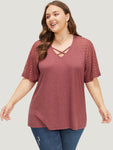 Plain Lace Raglan Sleeve Heather Crisscross Neck T shirt