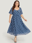 V-neck Pocketed Two-Toned Polka Dots Print Dress