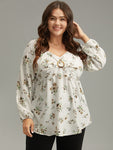 Floral Print Buckle Detail Gathered Bell Sleeve Blouse