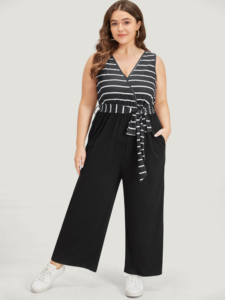 Striped Print Sleeveless Pocketed Wrap Belted Jumpsuit