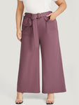 Solid Flap Pocket Buckle Belt Wide Leg Pants