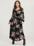 Floral Print V Neck Pocket Shirred Arc Hem Dress