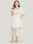 Notched Collar Pocketed Lace Dress With Ruffles