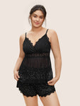 Plain Lace Patchwork Mesh Rhinestone Cami Sleep Top