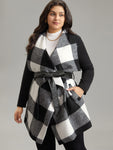 Plaid Lapel Collar Pu Leather Belted Coat