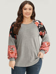 Colorblock Contrast Floral Crew Neck Raglan Sleeve Sweatshirt