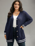 Cable Knit Striped Patchwork Button Through Cardigan