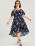 Floral Print Pocketed Belted High-Low-Hem Cold Shoulder Sleeves Dress With Ruffles