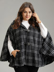 Plaid Buckle Detail Pocket Hooded Cape Coat