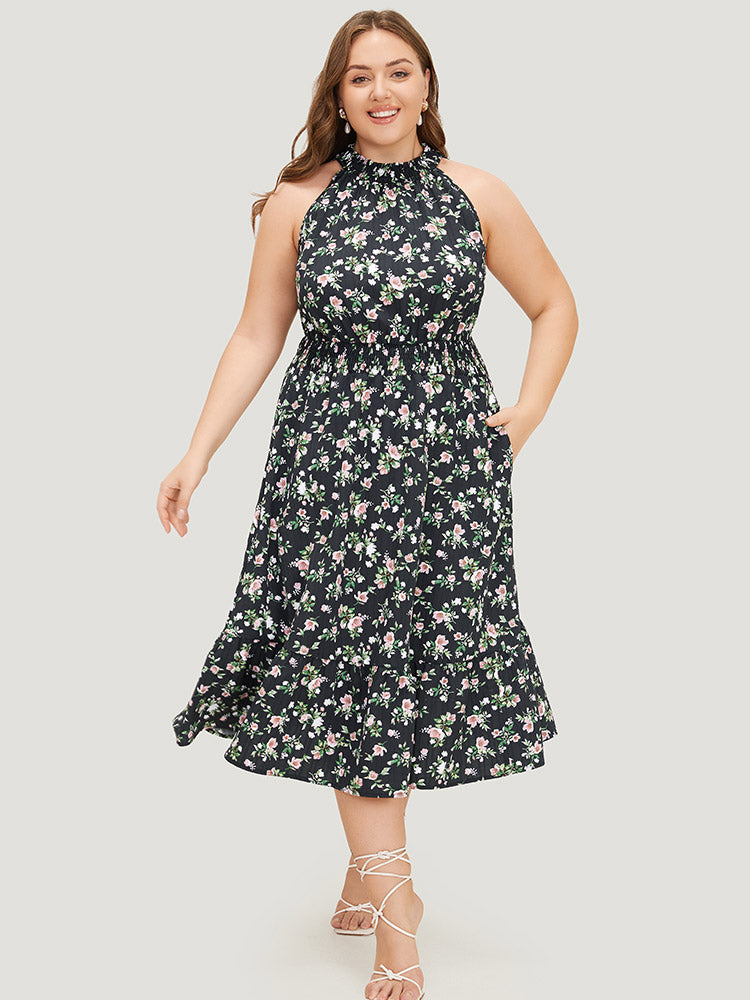 

Plus Size Women Dailywear Ditsy Floral Keyhole Sleeveless Sleeveless Halter Pocket Elegance Dresses BloomChic, Black flower