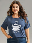 Coffee Cup Print Cuffed Sleeve Crew Neck T shirt