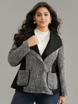 Contrast Patchwork Zipper Lapel Collar Tweed Coat