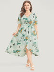 Floral Print Belted Pocketed Wrap Dress With Ruffles