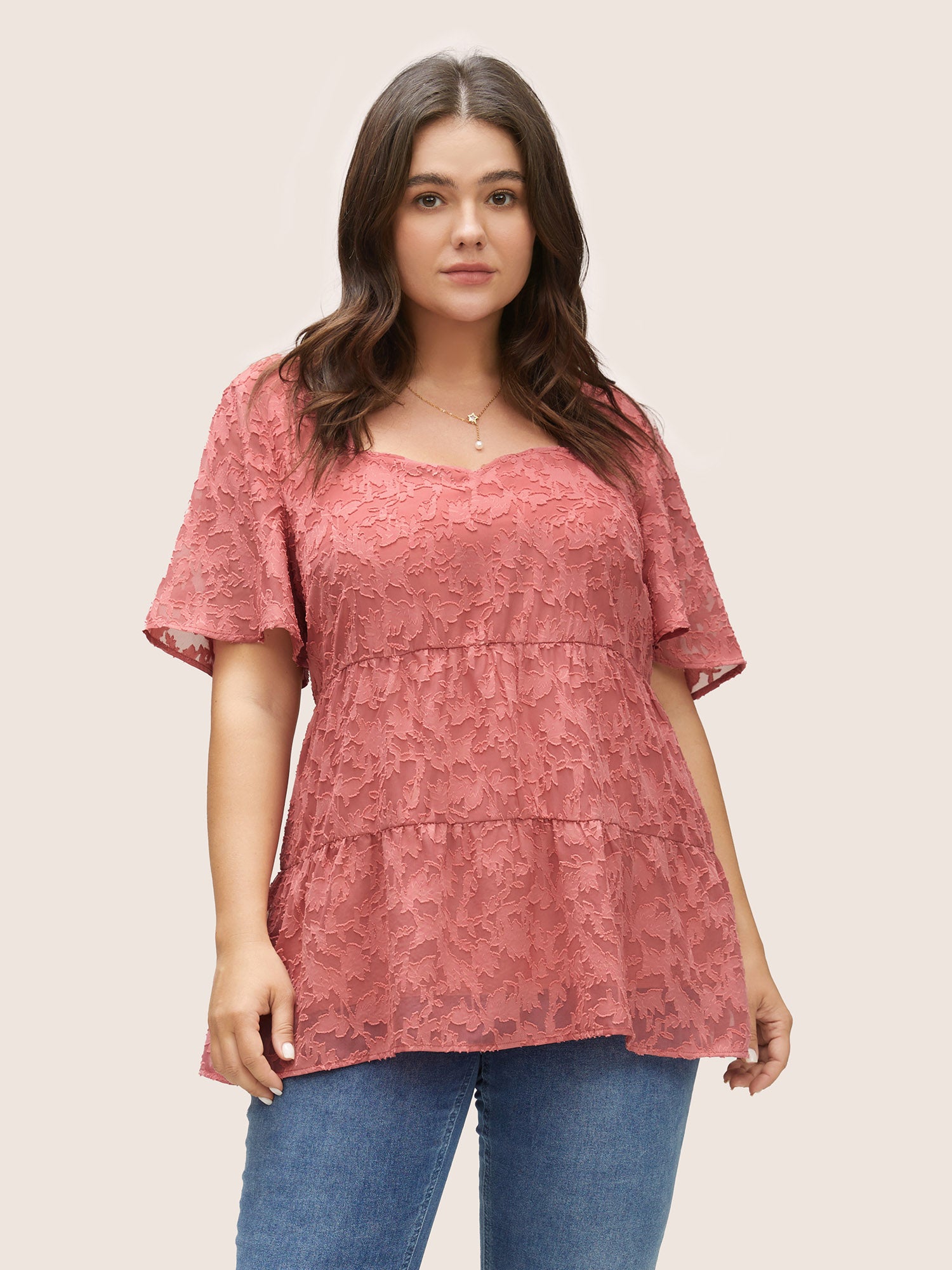 

Plus Size Women Everyday Plain Texture Ruffle Sleeve Short sleeve Square Neck Elegant Blouses BloomChic, Dusty pink