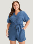 Notched Collar Pocketed Belted Romper