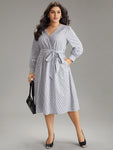 Cotton Collared Striped Print Belted Dress