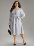 Cotton Striped Belted Overlap Collar Dress