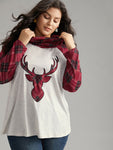 Elk Plaid Patchwork Cowl Neck T shirt