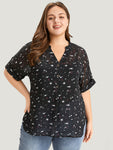Star Print Notched Button Detail Cuffed Sleeve Blouse