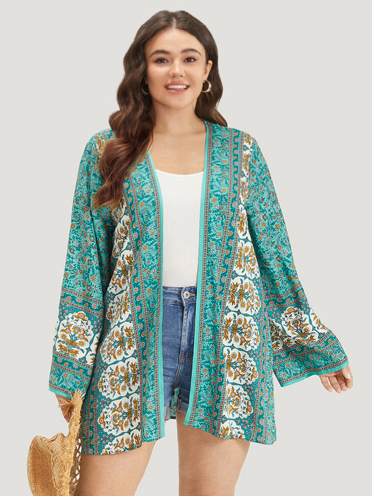

Bohemian Print Flutter Sleeve Open Front Kimono BloomChic, Turquoise