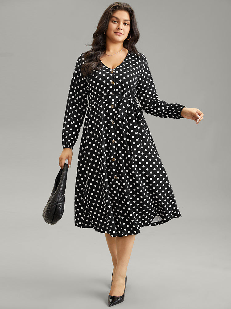 

Plus Size Women Work Polka Dot Elastic cuffs Lantern Sleeve Long Sleeve V-neck Pocket Belt Office Dresses BloomChic, Black