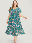 V-neck Pocketed Ruffle Trim Floral Print Dress