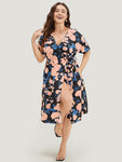Belted Pocketed Floral Print Batwing Sleeves Dress