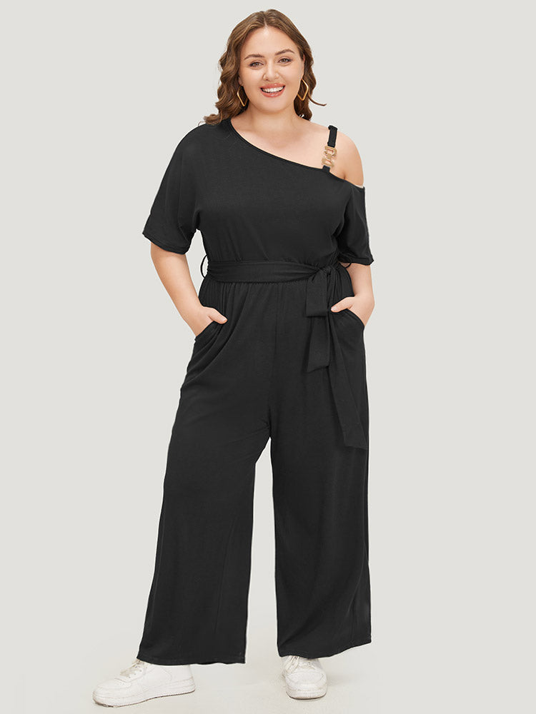 

Plus Size Women Workwear Plain Adjustable Straps Regular Pocket Belt Workleisure Jumpsuits BloomChic, Black