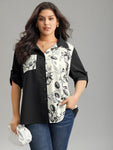 Silhouette Floral Print Twill Shirt Collar Contrast Blouse