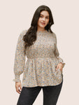Ditsy Floral Shirred Elastic Waist Puff Sleeve Blouse