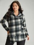 Plaid Cowl Neck Wrap Asymmetrical Hem T shirt