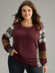 Leopard Boho Print Round Neck Contrast Sweatshirt