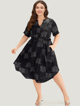 Letter Print Notched Belted Arc Hem Dress