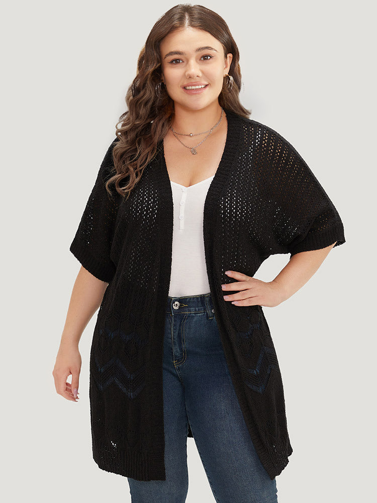 

Cardigans | Plain Pointelle Knit Open Front Batwing Sleeve Cardigan | BloomChic, Black