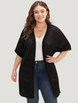 Plain Pointelle Knit Open Front Batwing Sleeve Cardigan