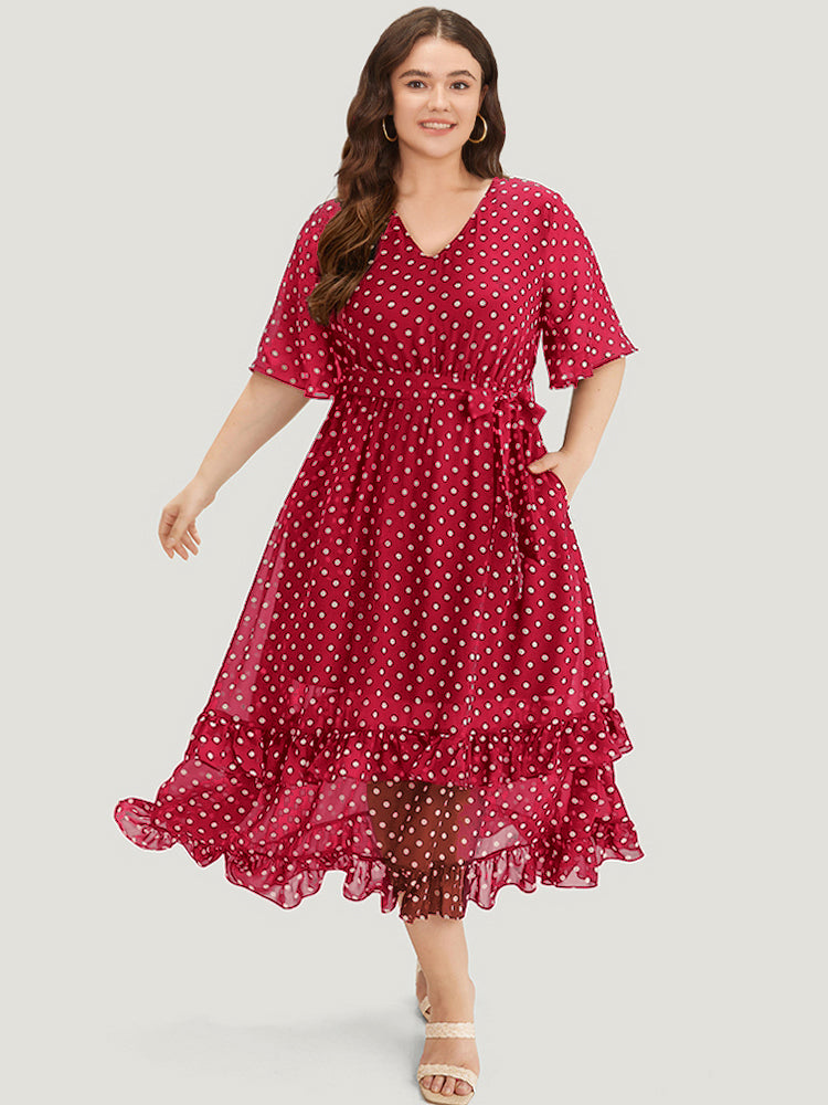 

Plus Size Women Dailywear Polka Dot Lined Ruffle Sleeve Short sleeve V-neck Pocket Belt Elegant Dresses BloomChic, Raspberry