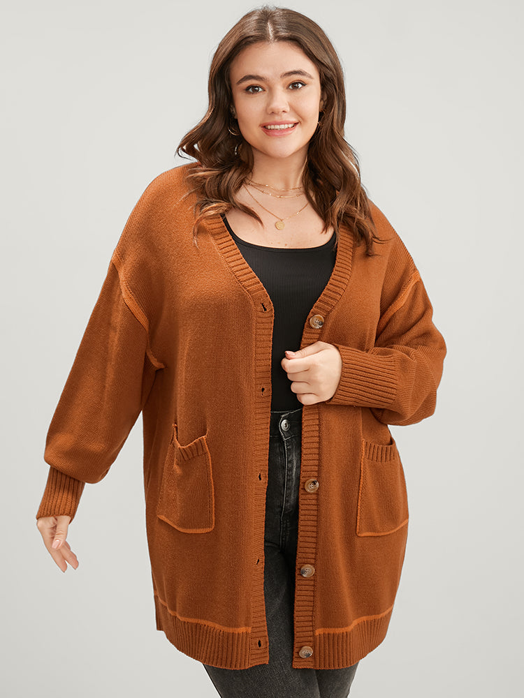 

Solid Contrast Pointelle Knit Pocket Button Front Cardigan BloomChic, Brown