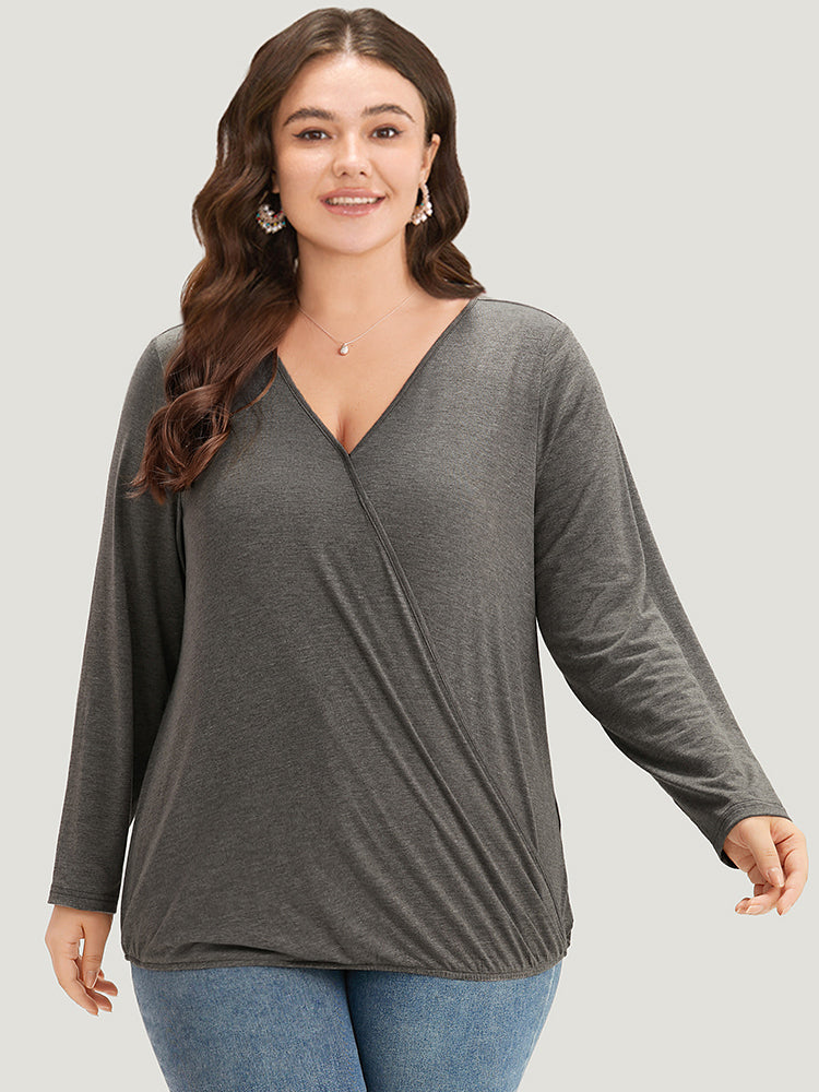 

Plus Size Women Dailywear Plain Heather Regular Sleeve Long Sleeve Overlap Collar Elegant T-shirts BloomChic, Gray