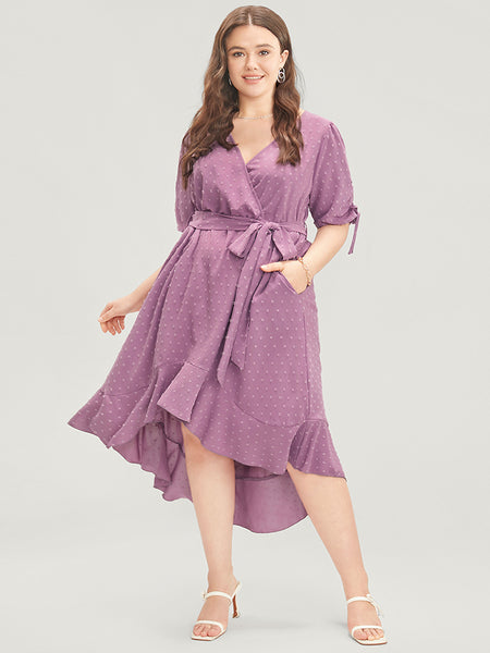 Pocketed Belted Wrap High-Low-Hem Dress With Ruffles