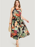 Tropical Print Halter Pocketed Belted Dress With Ruffles