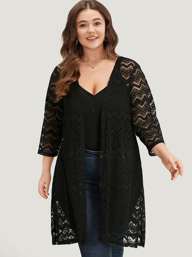

Anti-Wrinkle Plain Water Ripple Cut Out Lace Open Front Kimono BloomChic, Black