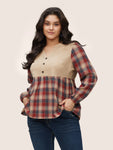 Corduroy Patchwork Plaid Notched Button Detail Blouse