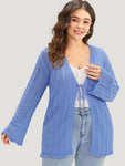 Plain Ties Front Bell Sleeve Scalloped Trim Cardigan