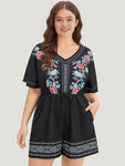 Dolman Sleeves General Print Pocketed Drawstring Romper