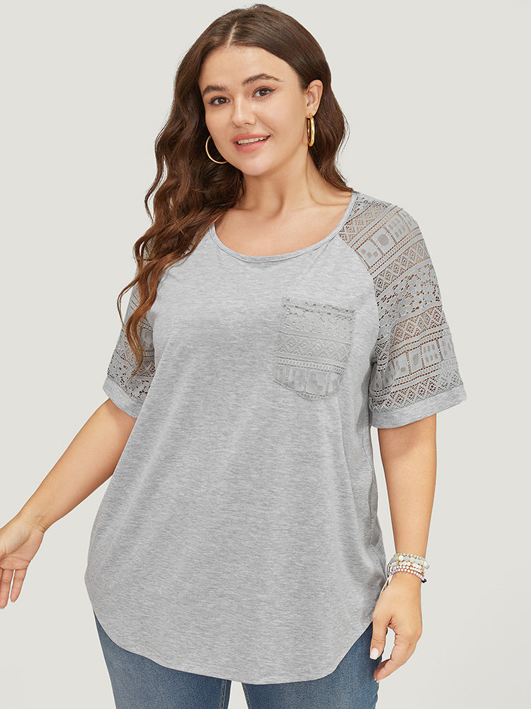 

Plus Size Women Dailywear Plain Arc Hem Raglan Sleeve Short Sleeve Round Neck Elegance T-shirts BloomChic, Dark gray