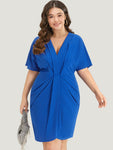 Plain Shawl Neck Pleated Batwing Sleeve Dress